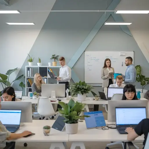 Employee using laptop in modern office